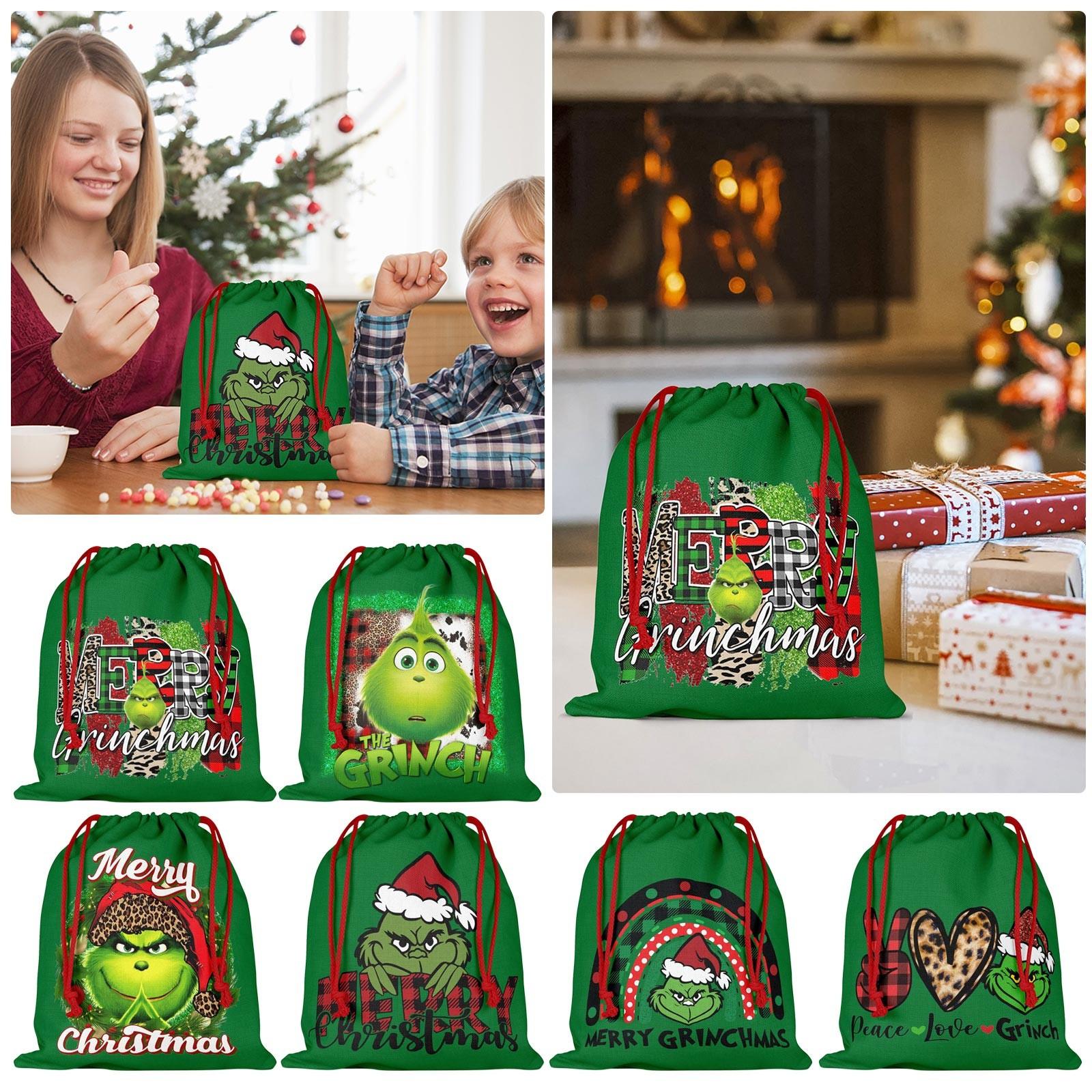 Рождественский подарочный пакет, двухсторонний печатный подарочный пакет, рождественский подарочный пакет на шнурке, зеленый подарочный пакет на шнурке для праздника One Size
